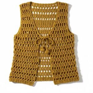 Handmade Mustard Yellow Crochet Tie Front Vest XS Boho Festival Y2K Hippie Indie